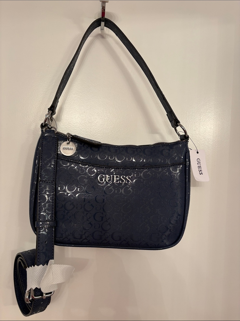 GUESS Navy Logo-Embossed Shoulder Bag